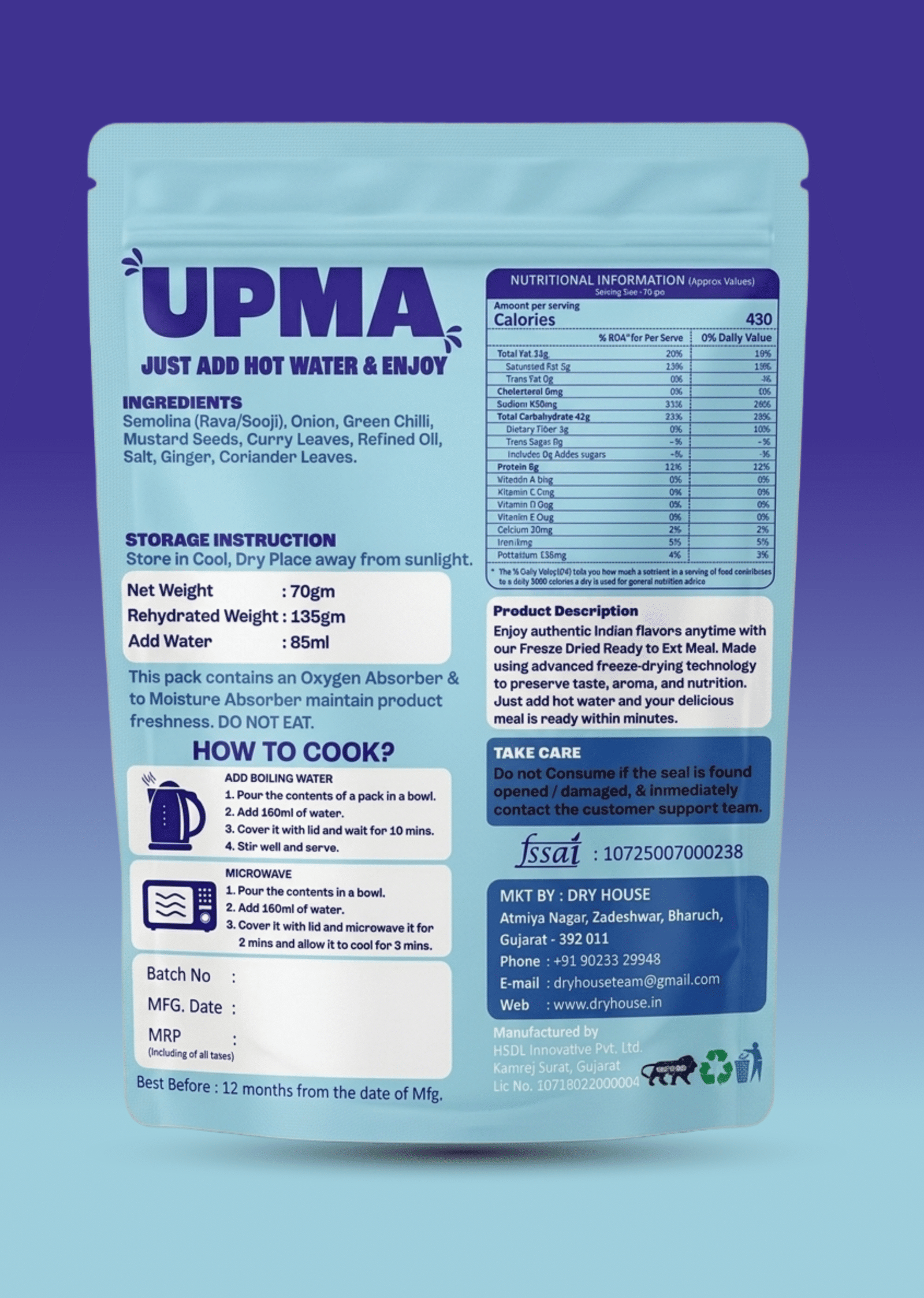 Upma Instant Indian Breakfast – Ready to Eat Pouch