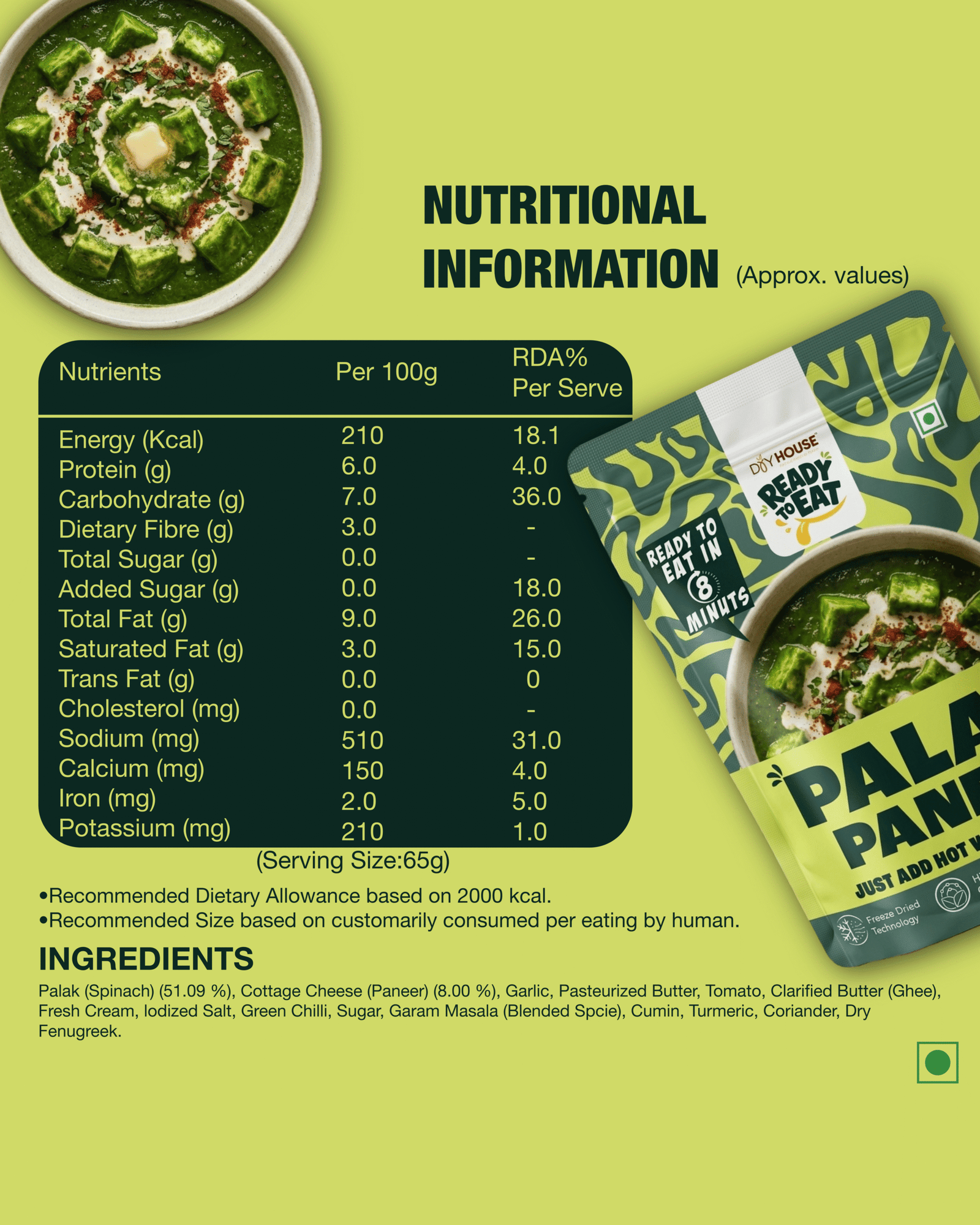 Palak Paneer Ready to Eat Meal Pouch - Image 5